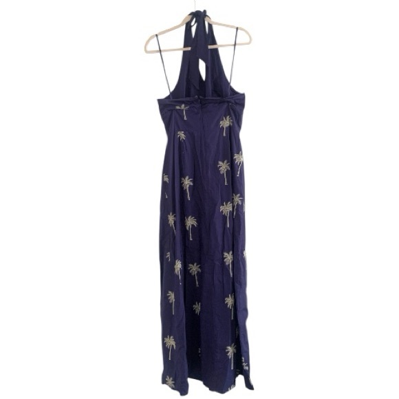 Tori Richard It's a Date River Dress Navy Palm Tree Embroidery Halter Maxi Dress - Picture 4 of 10